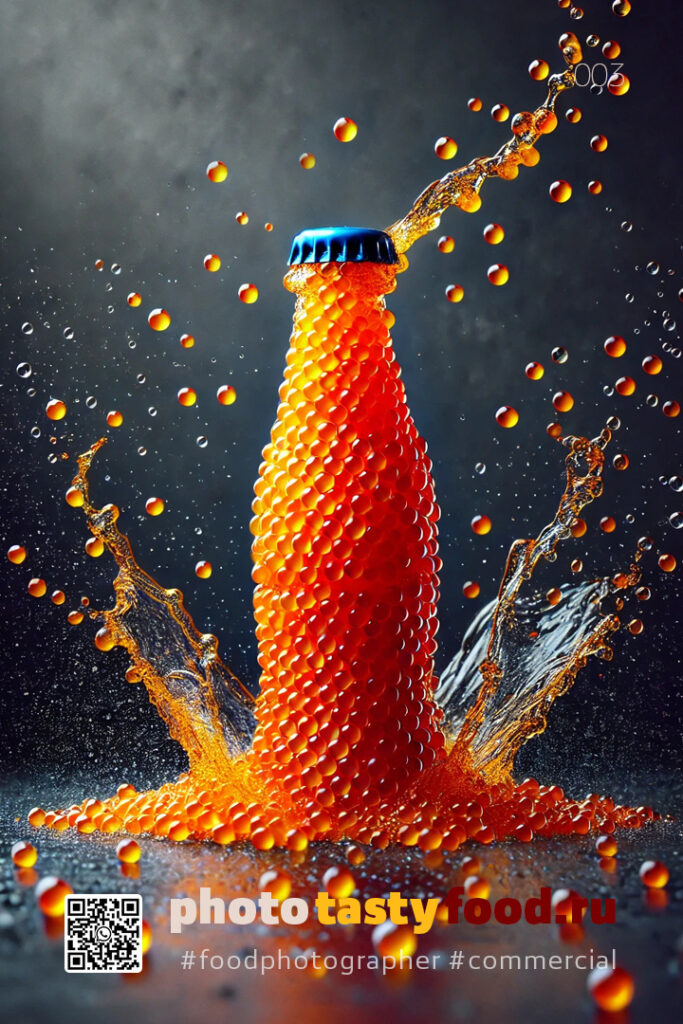 Dramatic capture of an orange caviar bottle exploding with splashes and droplets, perfect for beverage and advertising themes. Динамичное изображение оранжевой бутылки из икры красной рыбы, окруженной икринками и взвешенными каплями, создающими энергичный визуальный эффект. Фудфотограф